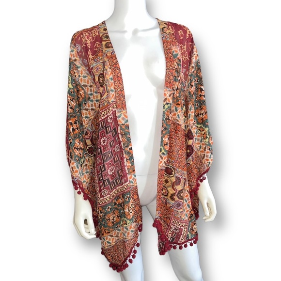 UMGEE Boho Patchwork Kimono with Pom Tassels Oversized Cover Up Top Brown M - Picture 1 of 6